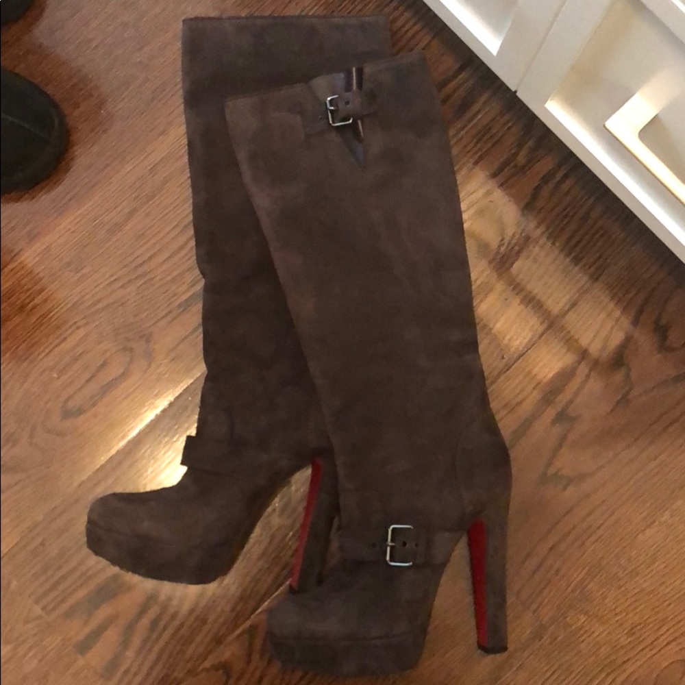 Louboutin brown suede platform knee high boots